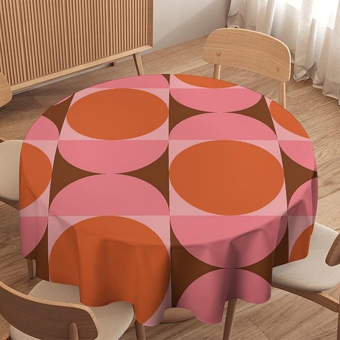 Mid Century Round Tablecloth, Abstract Retro 50s 60s Style Geometric Print Tablecloth for Home Party Dining Room Kitchen Decorm 70Inch(178cm)