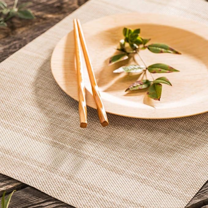 Restaurantware French Countryside 16 x 12 Inch Dining Table Placemats Set Of 6 Heat-Tolerant Kitchen Table Mats - Eggshell Stripe No Stain Khaki Vinyl Woven Rectangle Placemats Easy To Clean