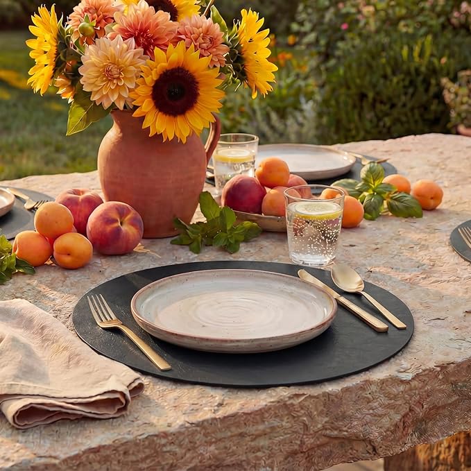 Artoid Mode Black Faux Leather Placemats Set of 4, 15 Inch Waterproof Wipeable Heat Resistant Vinyl Place Mats, Reversible Table Mats for Kitchen Dining Decor