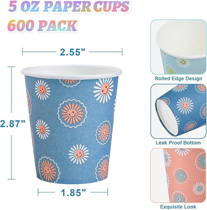SIUQ [600 Pack 5 oz Paper Cups, Disposable Bathroom Cups, Small Mouthwash Cups, Hot/Cold Beverage Drinking Mini Cup for Party, Picnic, BBQ, Travel (Daisy)