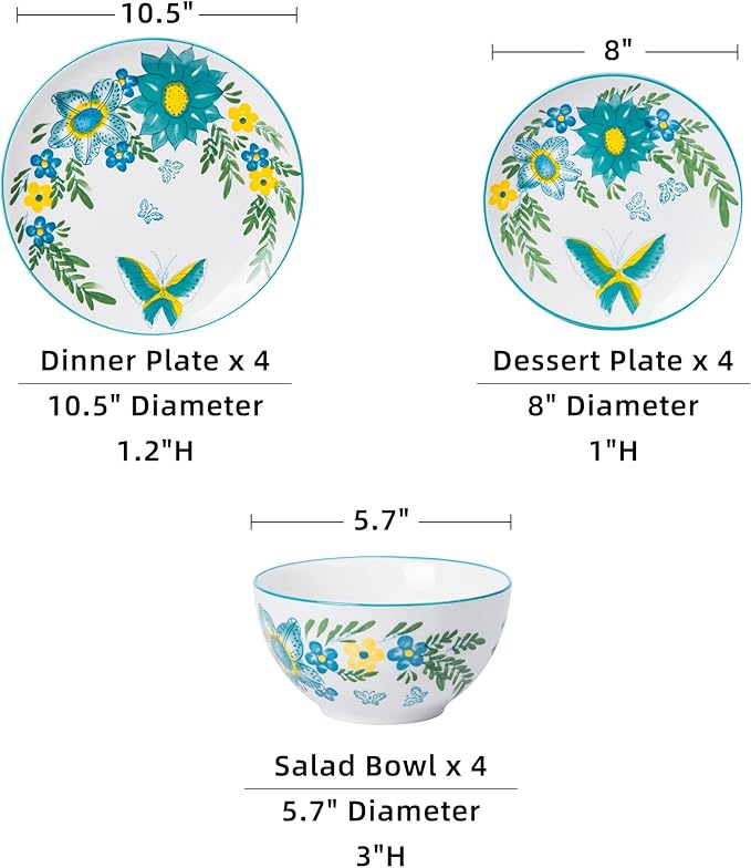 HomePop Ceramic 12-Pieces Dinnerware Sets,Dish Plates and Bowls Sets - Blue Turquoise