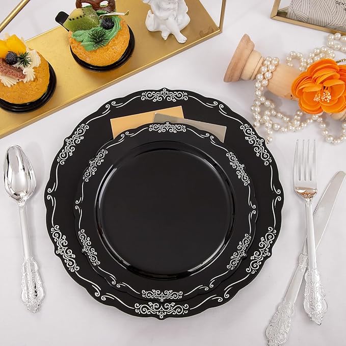 DaYammi 150 Pcs Black Silver Plastic Plates & Silver Plastic Silverware,Black silver Disposable plates for Include 30 Dinner Plate,30 Dessert Plate,30 Knives,30 Forks,30 Spoons for Party Wedding