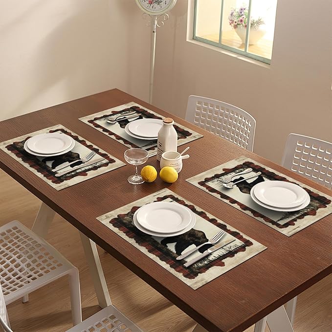 Bear Placemats Set of 4, Farmhouse Cabin Place Mats, Country Rustic Wild Animal Waterproof Washable Table Mats for Home Party Indoor Kitchen Dining Table Decoration 12x18 Inch