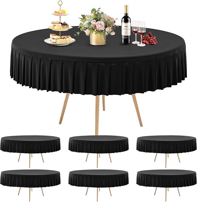 6 Pack Black Spandex Round Tablecloths for 60 inch Table, Stretchy Fitted 5FT Round Table Cloth with Wrinkle Free Skirt for Wedding Party Dining Banquet
