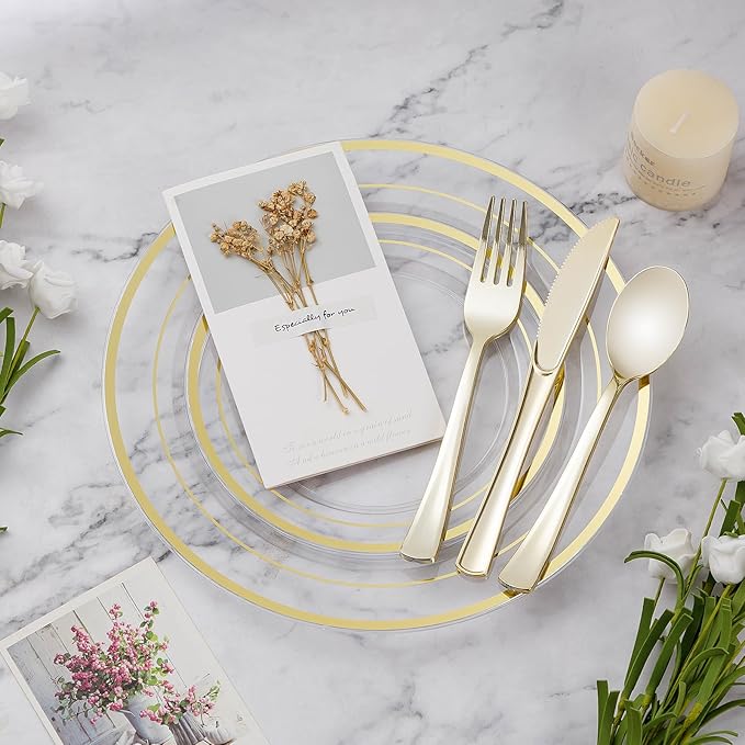 BESTVIP 50PCS 7" Clear Gold Plastic Plates, Disposable Salad Dessert Plate with Gold Rim for Christmas, Thanksgiving, Heavy Duty Disposable Plastic Plates for Party, Wedding and Birthday, Events