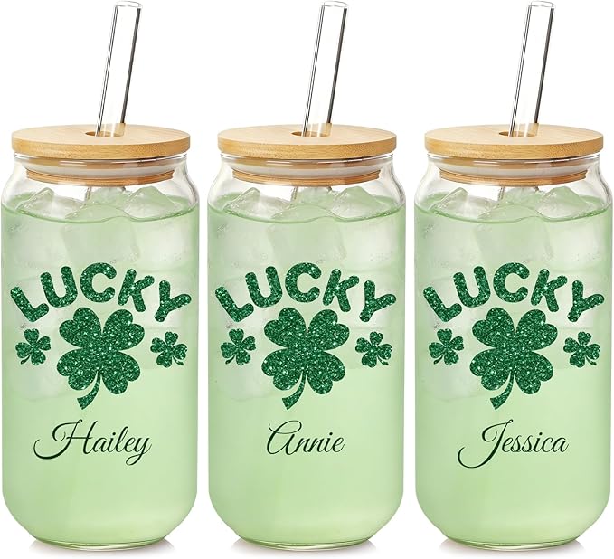 Mason Life St Patrick's Day Personalized Glass Tumbler, 18 OZ Cute Glass Cup with Lid and Straw, Lucky Clover Beer Can Glass, Personalized St.Patrick's Day Gift for Women Girls