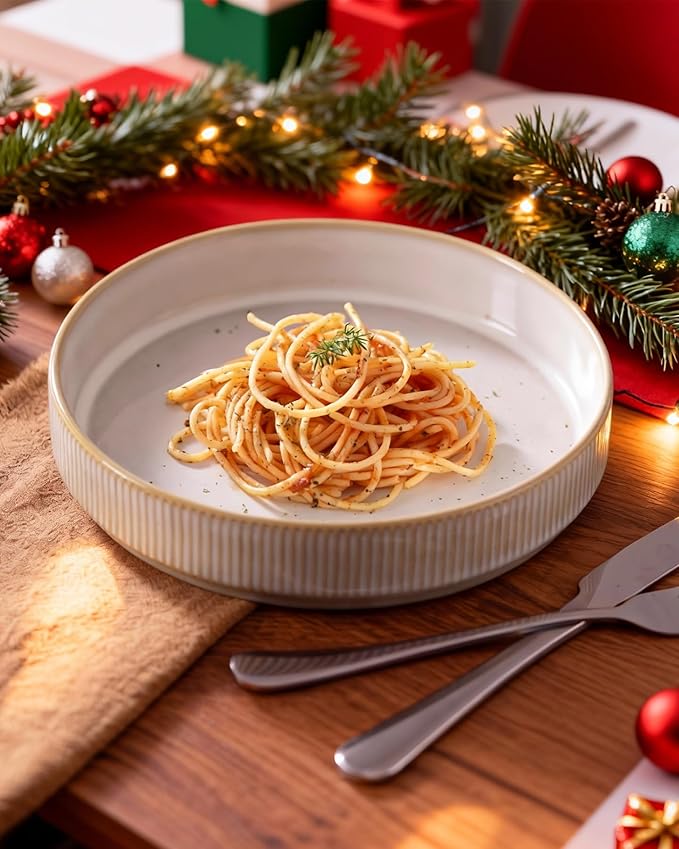 famiware Star 8.25" Pasta Bowls, Large Dinner Bowls Set of 6, Salad Bowl Plates, Shallow Bowls for Eating, Cappuccino White