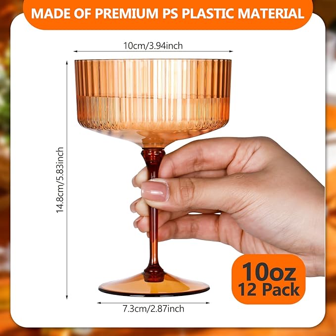 12 Pcs Ribbed Martini Glasses 10 oz Disposable Plastic Vintage Ribbed Coupe Glasses Unbreakable Dessert Parfait Glassware for Wedding Birthday Party Supplies (Brown)