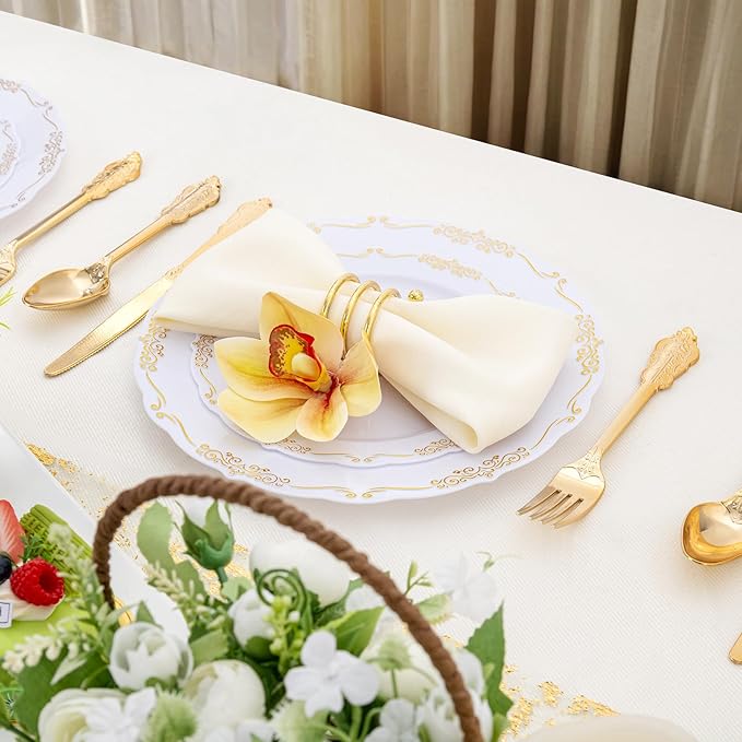 DaYammi 150Pcs White Gold Plastic Plates & Plastic Silverware, Gold Disposable Plates for Party Include 30 Dinner Plate, 30 Dessert Plate, 30 Knives, 30 Forks, 30 Spoons for Party Wedding