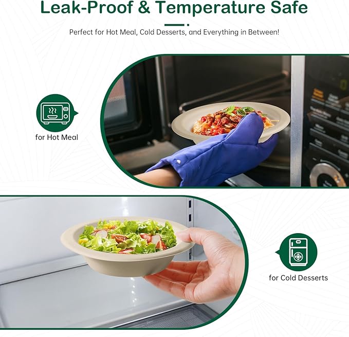 𝟴 𝗼𝘇, 𝟭𝟮𝟴-𝗣𝗮𝗰𝗸 Compostable Paper Bowls, Heavy-Duty Biodegradable Disposable Bowls Made from Bagasse, Eco-Friendly, Microwave & Freezer Safe (Natural)