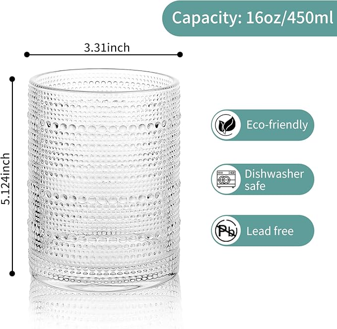 Hobnail Drinking Glasses Set of 2, 16 Oz Vintage Embossed Glass Cup Kitchen Glassware Water Tumblers for Cocktails, Beer, Juice, Whiskey