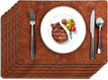 SolaraDawn Faux Leather Table Placemats Set of 6, Washable, Wipeable & Heat-Resistant Table Mats, Waterproof Dining Place Mats with Embossed Texture for Kitchen & Dining, Caramel Brown, 17" × 12"