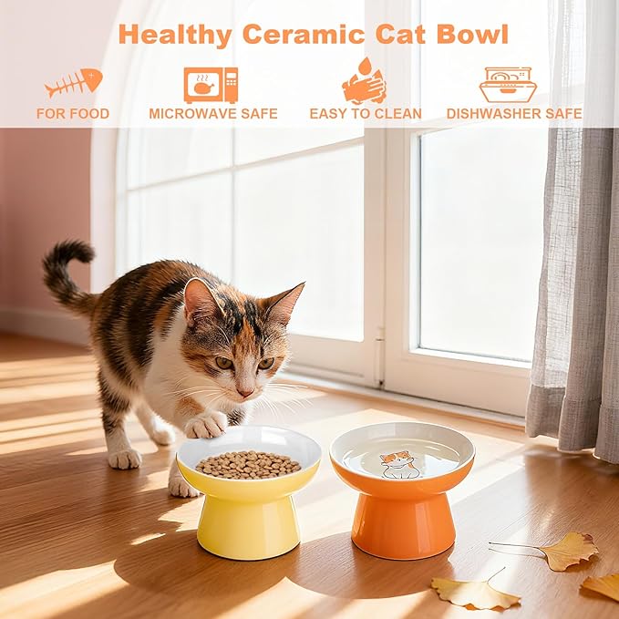 Elevated Cat Bowls,2 Pcs Ceramic Raised Cat Food Bowls with Non-Slip Base,Whisker-Friendly Shallow Design,Lead & Cadmium Free Pet Feeder,Dishwasher and Microwave Safe (Orange&Yellow)