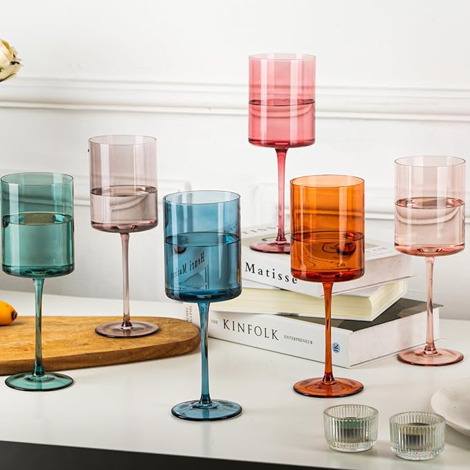 Chouggo Colored Square Wine Glasses Set of 6, Hand Blown Long Stem Premium Crystal White Red Wine Glass, Great Gifts for Wife & Mom, Wedding, Anniversary, Christmas, Birthday