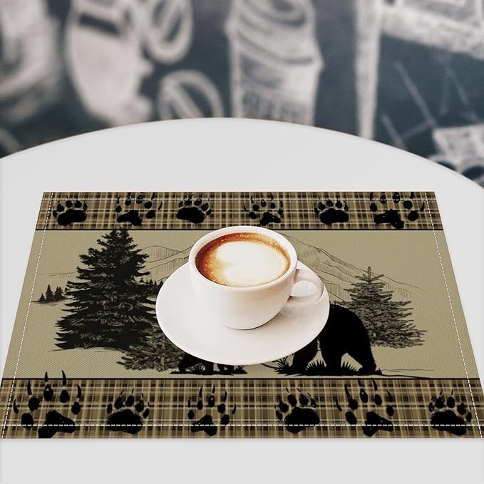 Retro Farmhouse Placemat Set, Rustic Brown Tartan Check Wildlife Bear Paw Silhouette Sketch Pine Tree Forest Pattern Home Decoration Linen Table Mats for Dining Room Kitchen Party (17x12in) x4P