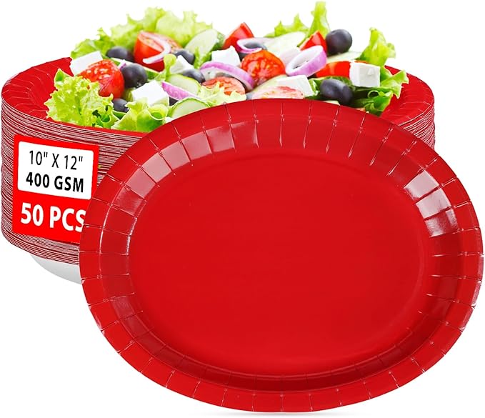 50 Pcs Red Oval Paper Plates 10"x12" Large Red Valentine's Day Plates Disposable Heavy Duty Valentines Day Platter for Chinese New Year Holiday Decorations Daily Dinner Wedding Birthday Party Supplies
