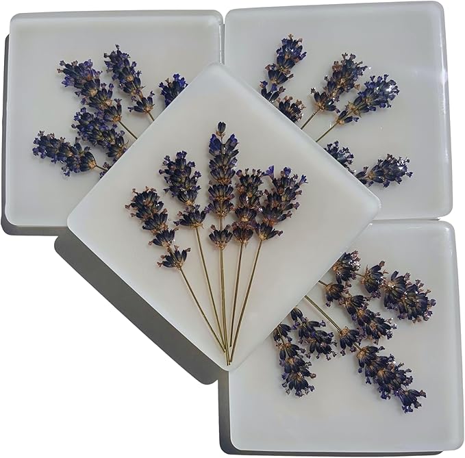 Handcrafted Pressed Lavender Resin Coasters White with Cork Base, Decorative Table Protection (4, Square)