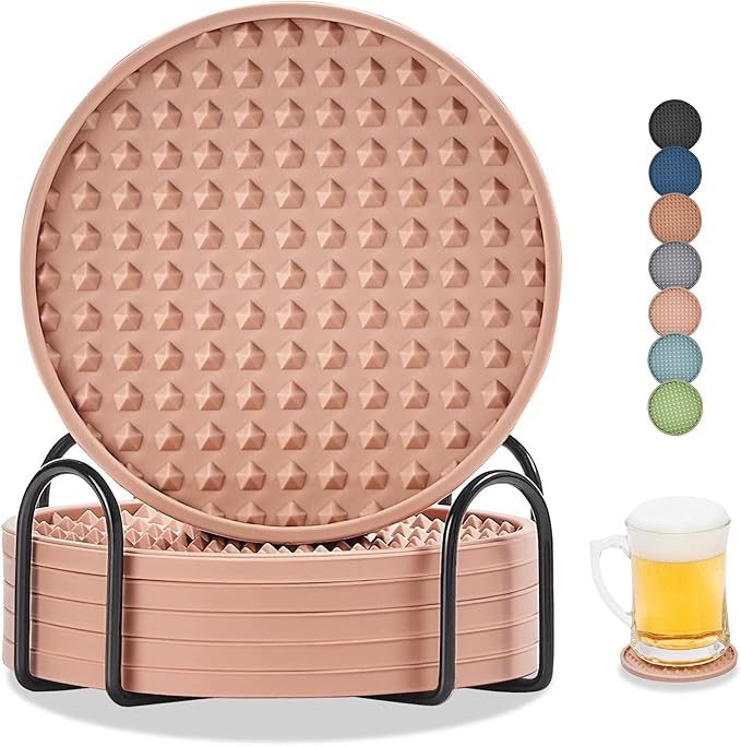 Coasters for Drinks, Silicone Coasters Set of 6 with Metal Holder, Outdoor Coaster for Coffee Table, Non-Slip Rubber Table Cup Mat Desk, Heat Resistant & Scratch-Proof (Dusty Pink)