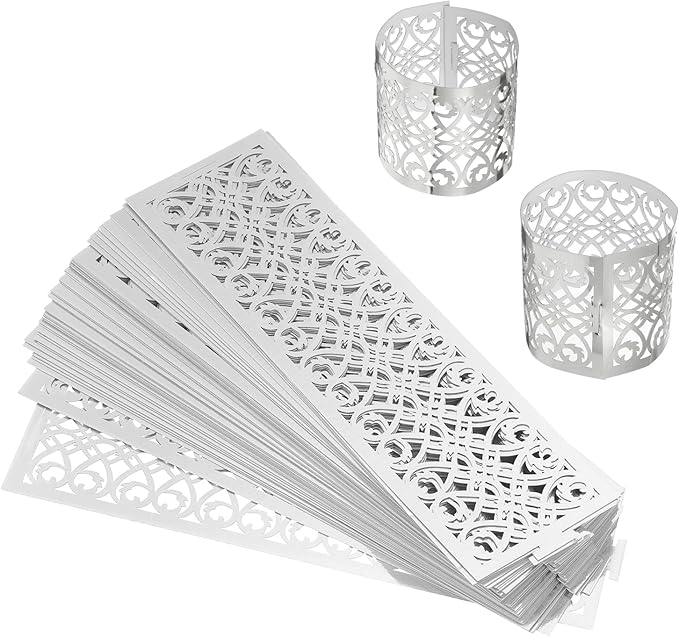 uxcell 150Pcs Napkin Rings Laser Cut Foil Paper, Napkin Holder Hollow Napkin Bands for Weddings Party Serviette Table Decoration Restaurant (Reflective Silver Tone, 6.7 x 2)
