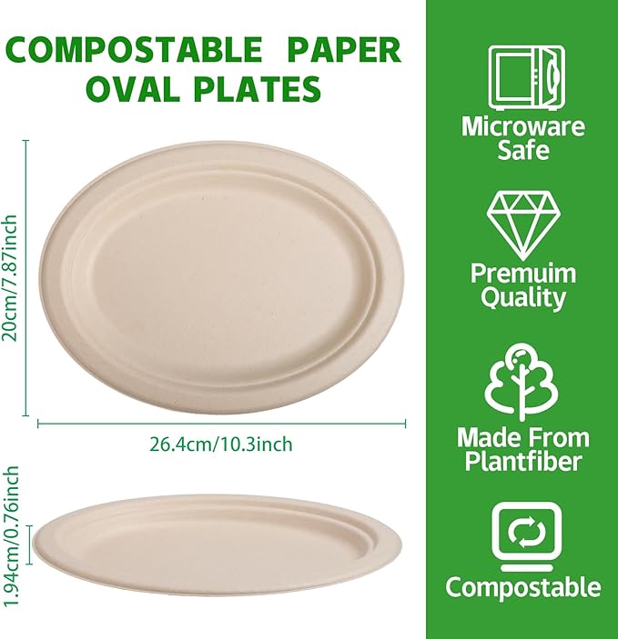 125 Pack Oval Paper Plates,10 Inch Disposable Paper Plates,Super Strong Oval Paper Dinner Plates,Compostable Biodegradable Sugarcane Plates for BBQ,Party,Picnic(Brown)