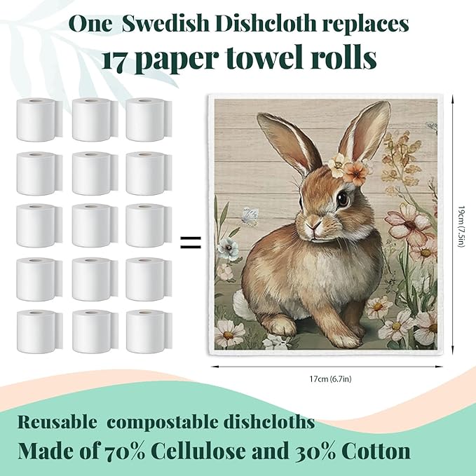 Vintage Bunny Swedish Dishcloths for Kitchen, Swedish Dish Cleaning Cloths for Floral，Papaya Reusable Paper Towels, 4 Pack Dish Towels for Kitchen, Reusable Dishcloths Washable