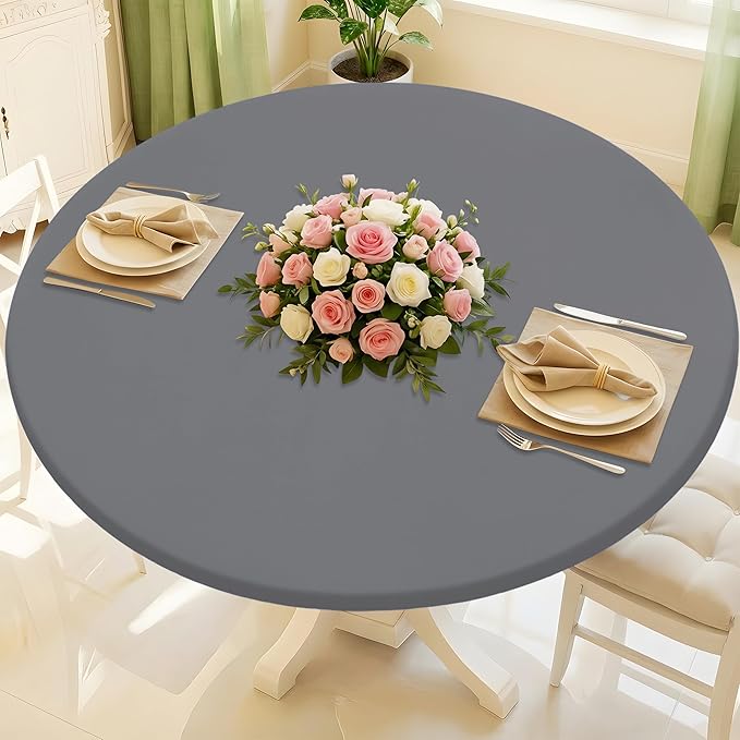 Round Spandex Tablecloth, Elastic Fitted Waterproof Tablecloths for 25"-30" Tables, Stretch Washable Picnic Table Cover for Camping, Dining, Indoor and Outdoor, Grey