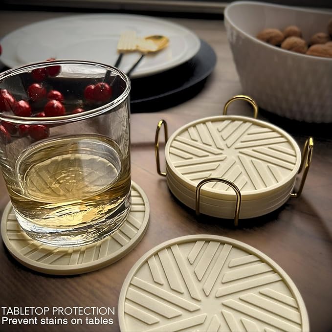 Silicone Coasters for Drinks, Set of 6 with Gold Holder and Modern Smart Pattern, Protection for Coffee Table, Living Room, Kitchen, Office, bar Decor
