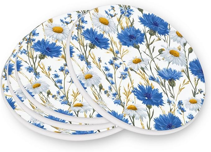 Coasters for Drinks Coaster Drink Set Decorative Coffee Table Desk Cup Mat Spring Cute Cork Bar Backing Round Home Decor Blue and White Daisy39