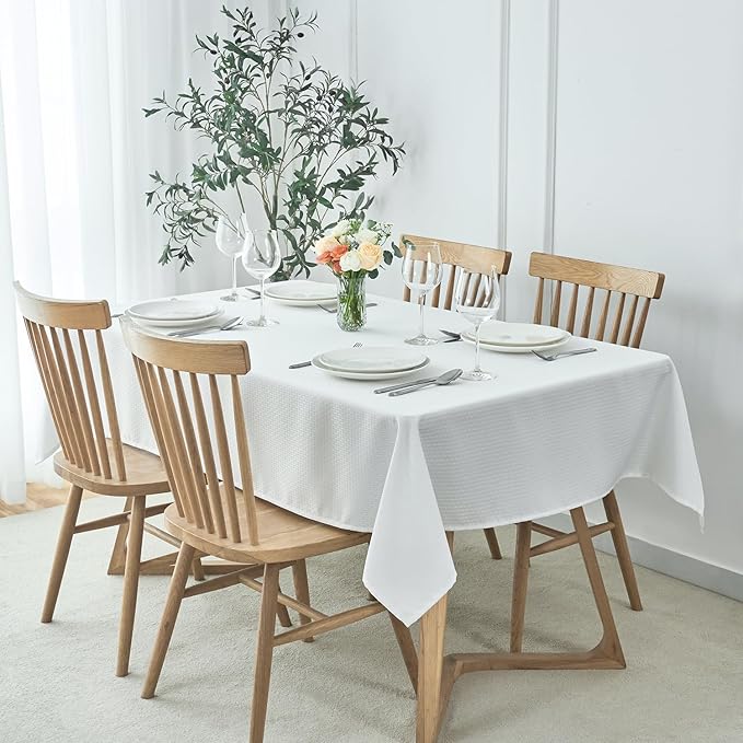 maxmill Tablecloth Weaved Texture Stain Resistant Waterproof, Wrinkle Resistant Washable Table Cloth, Fabric Table Cover for Dining Room, Indoor Outdoor Use, Rectangle 60 x 120 Inch, White