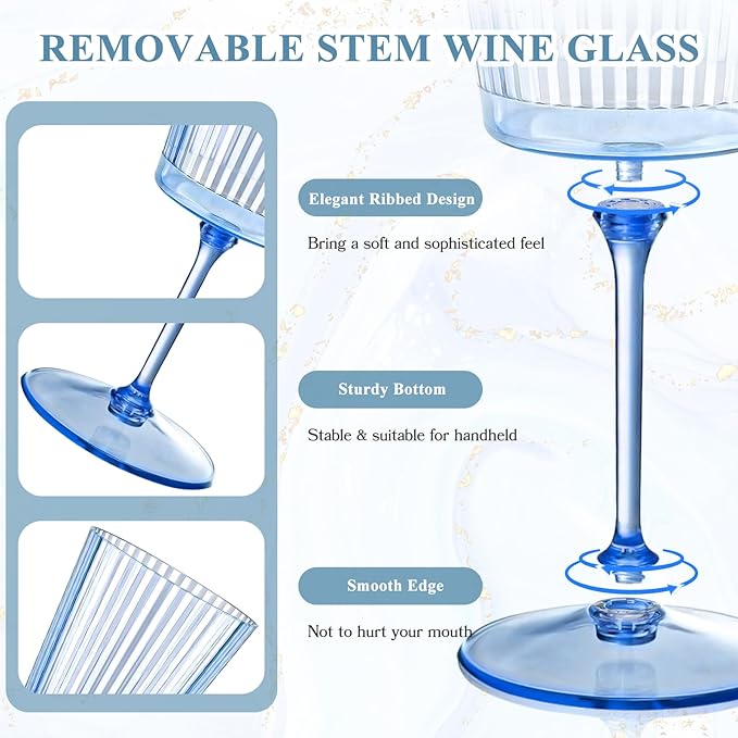 48 PCS Blue Ribbed Plastic Wine Glasses 13.5 OZ Ribbed Wine Glasses Detachable Wine Glass Elegant Fluted Glassware Vintage Style for Wedding Anniversary Birthday Dinner Parties(Blue, 48 Pack)