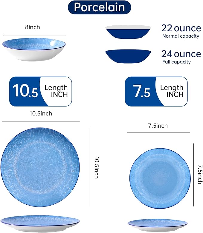 Bestone 12-Piece Round Porcelain Dinnerware Set, Service for 4, Chip Resistant Plates and Bowls,Blue, Dishwasher & Microwave Safe for Home Daily Use