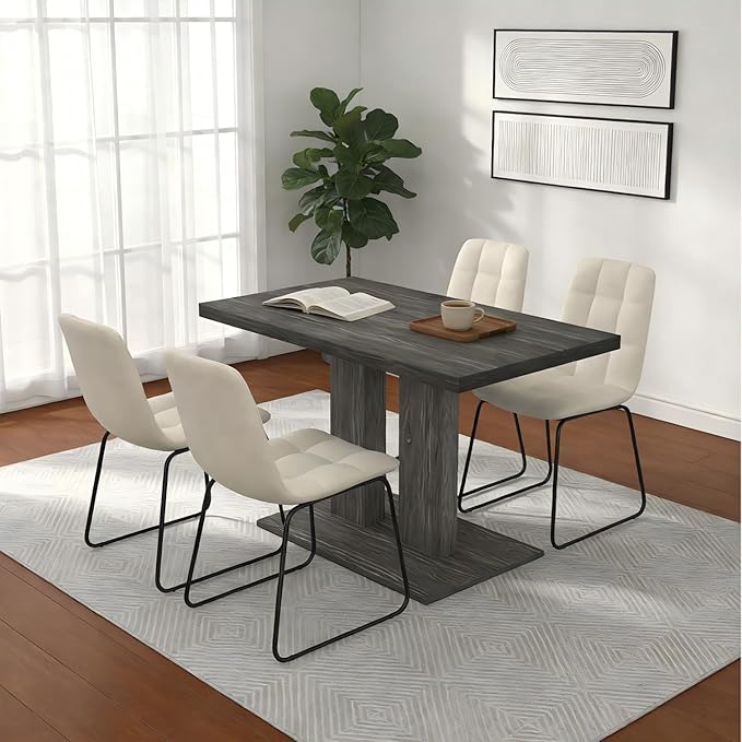 Modern 5-Piece Dining Table Set for 4, 46" Pedestal Dining Table with 4 Leather Chairs, Small Space Saving Kitchen Table Set, Grey Wood Finish Rectangular Table for Dining Room & Apartment