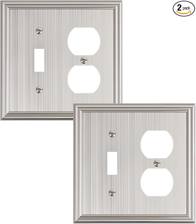 2-Pack Combo Toggle/Duplex Light Switch Cover Plate, Brushed Nickel Wall Outlet Cover Plate, Decorative Wall Receptacle Cover for Electrical Outlets, Light Switch, Durable Solid Zinc Alloy