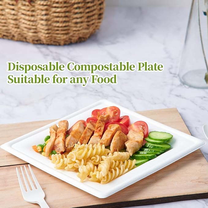 ECOLipak 150 Pieces Compostable Square Paper Plates, 10 inch Disposable Plates Square, Eco-friendly Biodegradable Sugarcane Bagasse Plates for Party Dinner Birthday