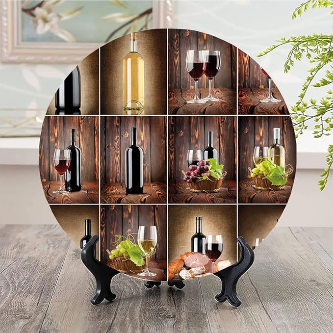 Decorative Plates, Wine Print Ornament, Wine Themed Collage on Wooden Backdrop with Grapes and, 8 Inch, 1 Plate with 1 Display Stand, Brown Black Red