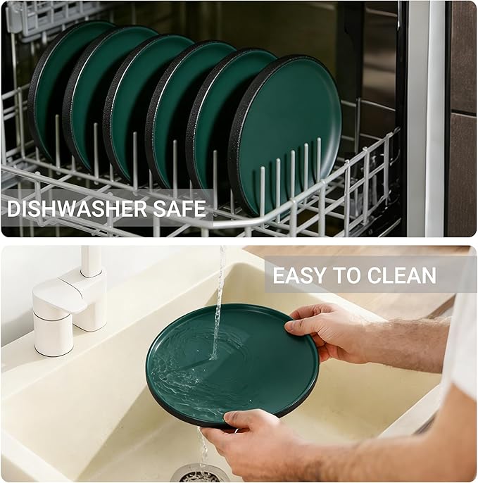 GZG Classic Series - Plates and Bowls Set for 2, 6 Piece Stoneware Dinnerware Sets, Microwave and Dishwasher Safe Lead-Free Handcrafted Ceramic Dishes Set - Malachite Green