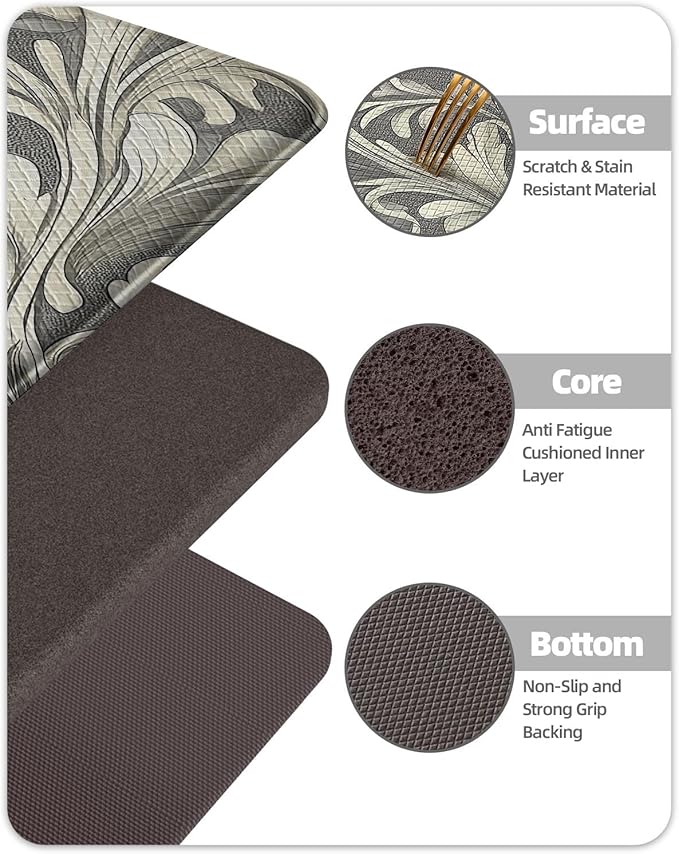 Color&Geometry Floral Kitchen Mat 24"x87", Anti Fatigue Kitchen Mats for Floor, Kitchen Rugs Non Slip, Waterproof & Oil Proof Padded Runner for Standing Desk Office, Sink - Grey