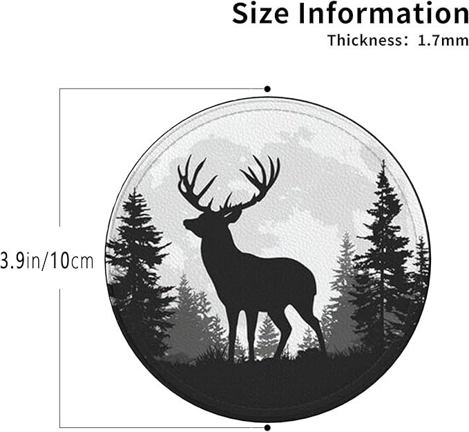Deer Coasters Leather Round Drink Coasters 6 Pcs Set with Holderor for Cup Drink Coffee Table Bar Home Decor