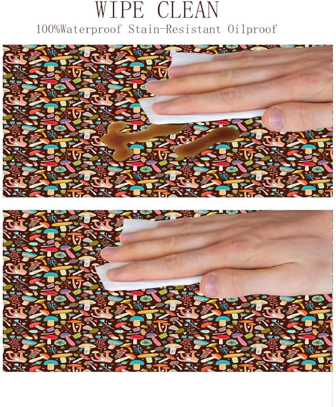 Small Round Tablecloth, Mushrooms Washable Polyester Table Cloth for, Attractive Various Cartoon Leaves and Mushrooms Graphic, Fit Round Tables 61inch, for Holiday Dining Table, Dinner, Party