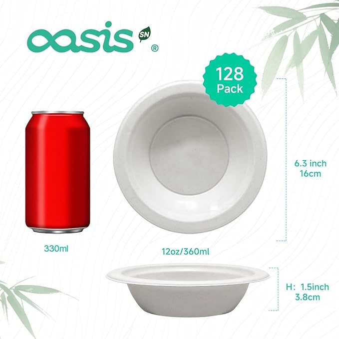 𝟭𝟮 𝗼𝘇, 𝟭𝟮𝟴-𝗣𝗮𝗰𝗸 Compostable Paper Bowls, Heavy-Duty Biodegradable Disposable Bowls Made from Bagasse, Eco-Friendly, Microwave & Freezer Safe (White)