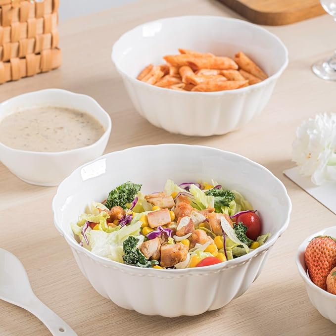 HOMBENE Ceramic Soup Serving Bowls for Kitchen, 6.4 Inch, Set of 4, Cereal Bowl Porcelain, Oven & Microwave Safe, White