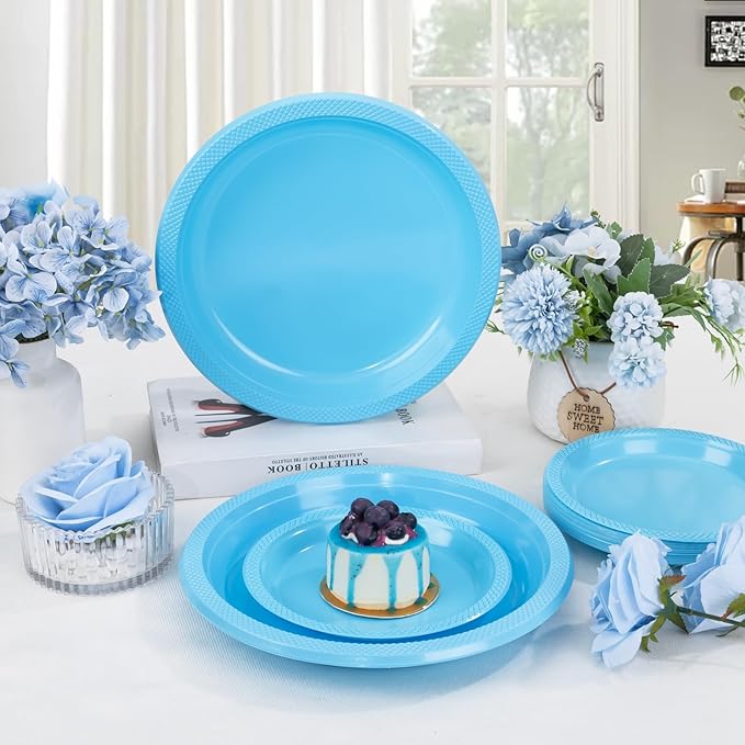 WELLIFE Light Blue Party Plates 7 Inch -150 Count, Disposable Plastic Baby Blue Dessert Plates for Party Cake Appetizer Salad Baby Shower