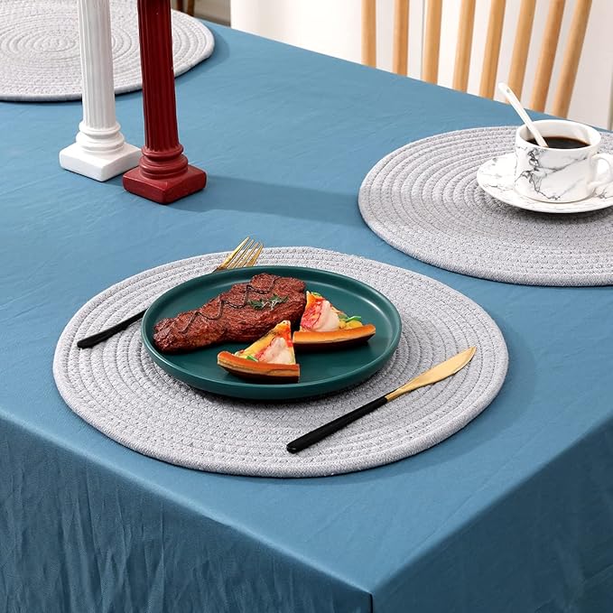 6 Pack Cotton Woven Placemats, 13.8 inches Round Plate Chargers Grey Thick Placemat Set Cotton Rope Braided Tablemats Rattan Tablemats Rustic Weave Placemats for Dining Table