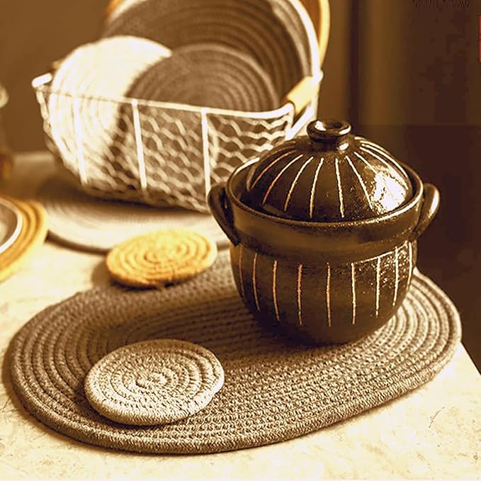 Braided Placemats Set of 4 Cotton Fabric Oval Table Mats Non Slip Washable 16 * 12 inch Oval Place Mats, 4 Pack Jute Woven Placemats
