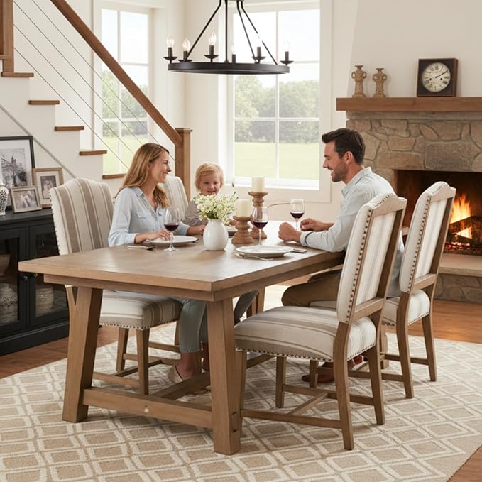 CIMOTA Mid Century Modern Dining Chairs Set of 2, Farmhouse Upholstered Dining Room Chairs Comfortable Kitchen Side Chairs with High Back/Natural Solid Wood Frame, Linen Brown/Beige Stripe
