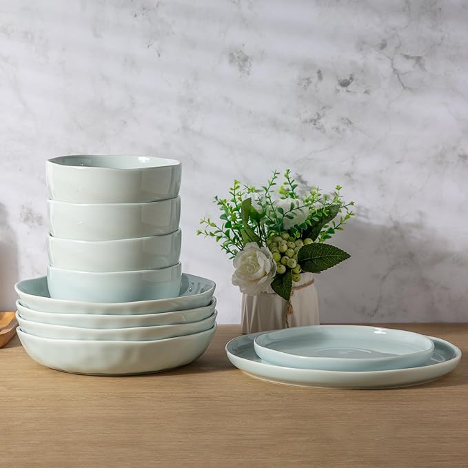 LERATIO 9.75 Ceramic Flat Pasta Bowls,Wavy Rim 38oz Large Wide Bowls Set of 4 for Kitchen,Modern Porcelain Stoneware pasta bowls,Dishwasher & Microwave & Oven Safe Bowls with for Pasta
