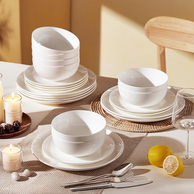 KINGSTONE Bone China Dinnerware Sets, 18-Piece Dinnerware Set for 6, Lightweight Durable, Microwave and Dishwasher Safe, Tableware for Daily Use with Elegant Design, White