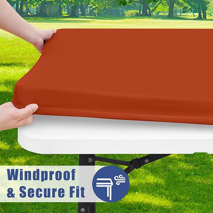 Spandex 8 Foot Rectangle Thanksgiving Table Cloth 2 Pack, Elastic Fitted Tablecloths for Picnic, Stretch Washable Patio Table Cover for Outdoor, Camping, Banquet and Parties (Rust, 30"x96")
