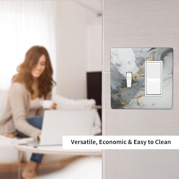 Light Switch Cover Gray/Gold Marble Abstract Modern Luxury 2 Gang Toggle Rocker Combo Socket Cover Wall Plates Decorative Switch Plates and Outlet Covers for Bathroom Bedroom Decor