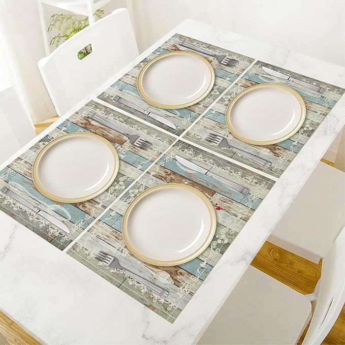 Vintage Farmhouse Placemat Set, Green Blue Rustic Wooden Plank Art Sketch Cutlery Knife Fork Inspirational Quotes Pattern Home Decor Linen Table Mats for Dining Room Kitchen Party (17x12in) x6P